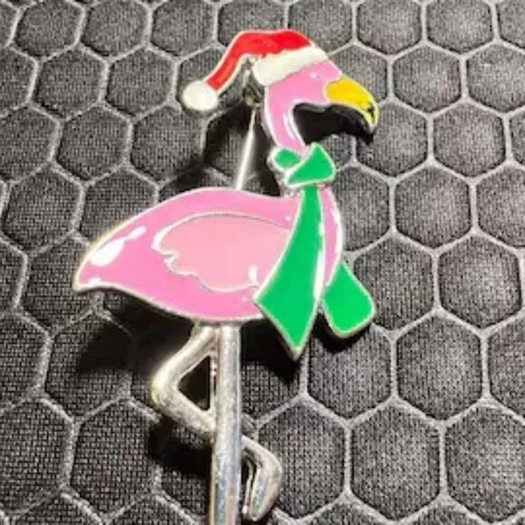 Flamingo Brooch for Christmas Pink and Green 18K White Gold Plated - Picture 1 of 1